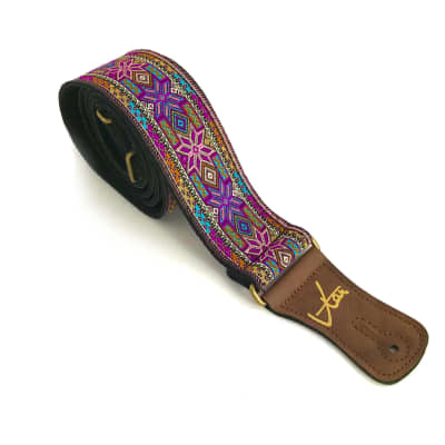 Handmade Colorful Psychedelic Hemp Guitar - Bass Strap with Antique Brass Details and Brown Vegan Leather by VTAR 60s 70s Style - Purple Haze image 1
