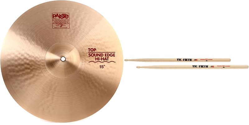 Paiste 15 inch 2002 Sound Edge Hi-hat Top Cymbal Bundle with Vic Firth  American Classic Drumsticks - 5A - Wood Tip