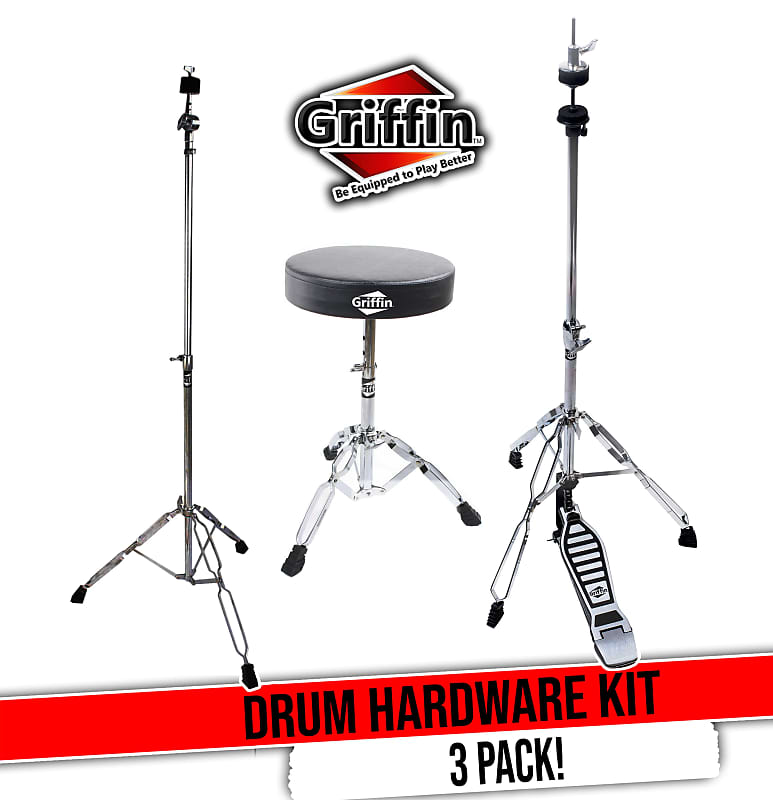 GRIFFIN Drum Hardware 3 PACK HiHat Stand, Drummers Throne Reverb