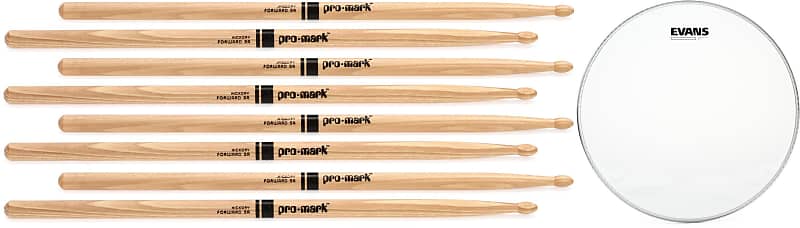 Promark Hickory Drumsticks - 5A - Wood Tip - 4-pack  Bundle with Evans Snare Side Clear Drumhead - 14 inch image 1