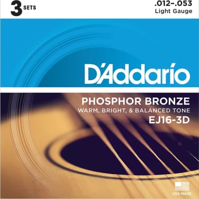 3 Pack D'Addario EJ16-3D Phosphor Bronze Acoustic Guitar Strings Light Gauge 12-53