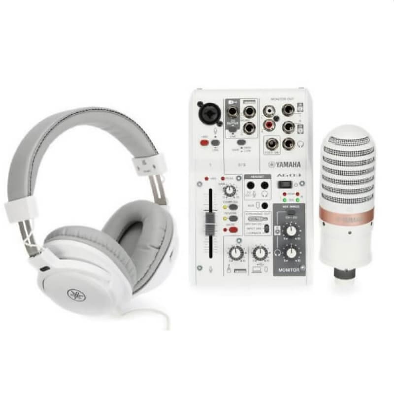 YAMAHA AG03 MK2 LSPK Complete White Live Streaming Package with Mixer, Mic,  Cable & Headphones