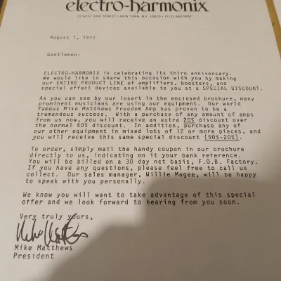 Vintage 1972 Electro-Harmonix Blackfinger Catalog, Dealer Letters, Price List, and Flyers! Rare, Original Case Candy, Paperwork! image 2