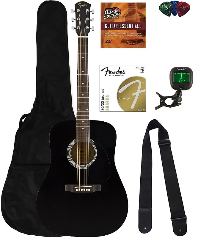 Fender Squier Dreadnought Acoustic Guitar - Black Bundle with Gig