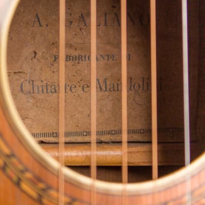 Concert Size Flat Top Acoustic Guitar, labeled Galiano,  c. 1925, black hard shell case. image 14