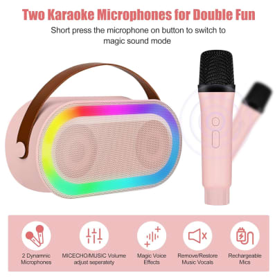 Mini Karaoke Machine, Portable Bluetooth Speaker Set With 2 Wireless Microphone For Kids And Adults With Led Lights, Gifts For Girls And Boys Birthday Family Party Singing (Pink) image 2