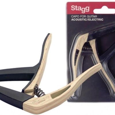 Stagg SCPX-CU/CLWOOD Woodgrain Trigger Clamp Style Spring Steel Guitar Capo for sale