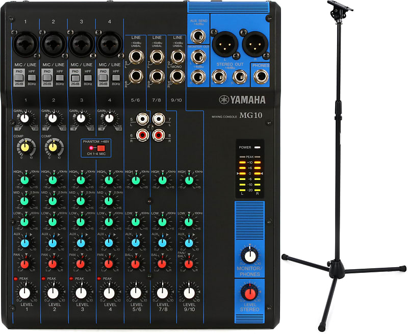 Yamaha MG10 10-channel Analog Mixer Bundle with Yamaha Mixer Stand Bundle -  BMS10A and Tripod Microphone Stand