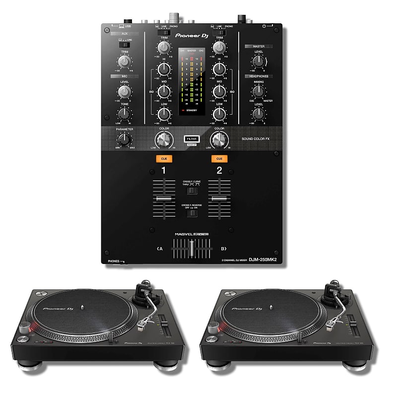 Pioneer DJ DJM-250MK2 2-channel DJ Mixer with Pioneer DJ PLX-500 Direct  Drive Turntables (Pair)