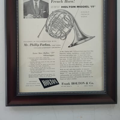 1957 Holton Horns Promotional Ad Framed Phillip Farkas Holton Model 77 Double French Horn Original for sale