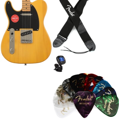 Squier Classic Vibe '50s Telecaster Left-handed - Butterscotch Blonde  Bundle with Fender 2" Polyester Logo Strap - Black with White Logo... (4 Items)