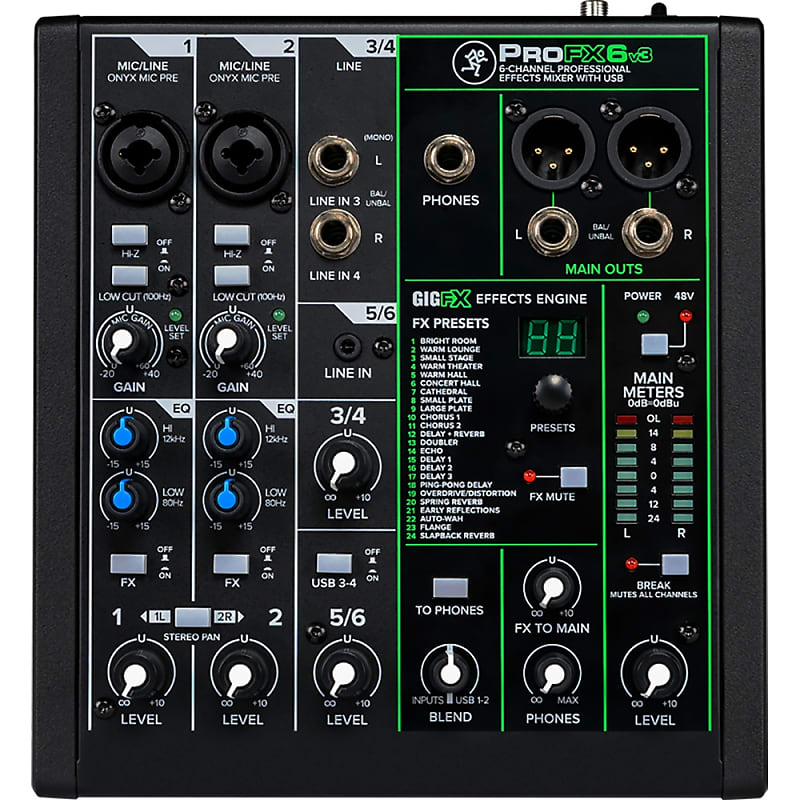 Mackie ProFX6V3 Mixer, 2 Onyx Mic Pres, GigFX Effects Engine, 2x4 USB Recording image 1