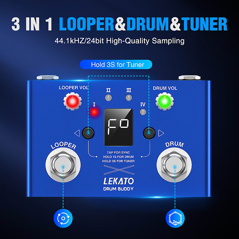 LEKATO Guitar Drum Looper Tuner Pedal 30 Drums 4 Slot Loops Reverb