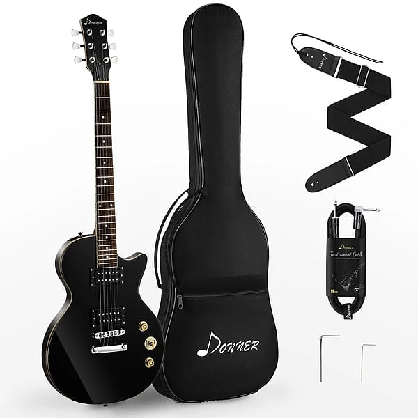 Full Size Black Electric Guitar with Gig Bag, Strap, Cable