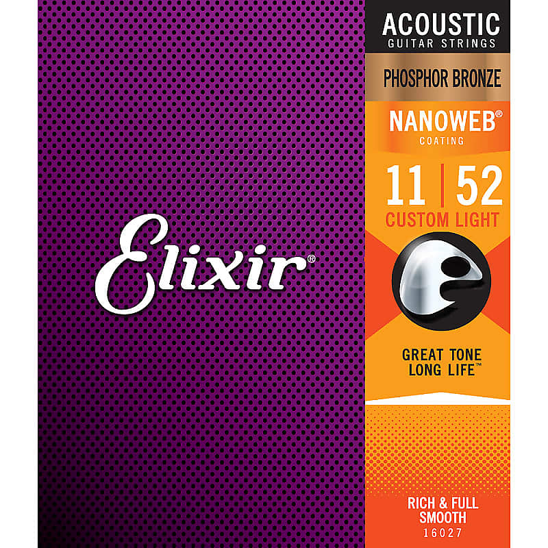 1 Set Elixir 16027 Nanoweb Phosphor Bronze Acoustic Guitar Strings Custom Light 11-52 image 1