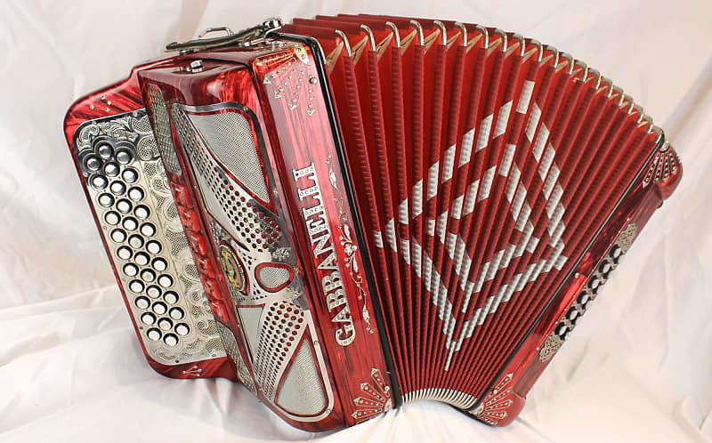 7481 - Red Decorated Gabbanelli Diatonic Button Accordion Two Tone FBbEb Fa / EAD Mi MM 34 12 image 1