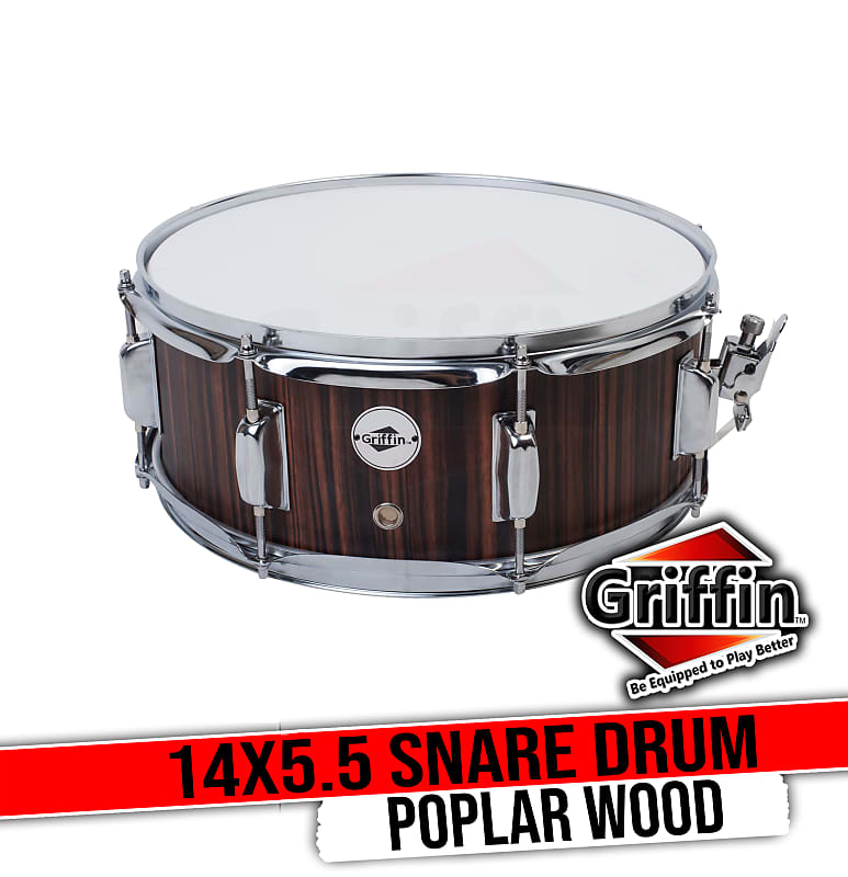 Snare Drum by GRIFFIN | 14 x 5.5 Black Hickory PVC & Coated Head on  Poplar Wood Shell | Acoustic Marching Percussion Instrument Set, Drummers  Key, 8