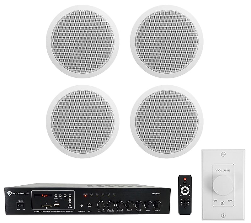 Rockville Commercial Restaurant Amp+(4) 6&quot; White Ceiling Speakers+Wall Control  			