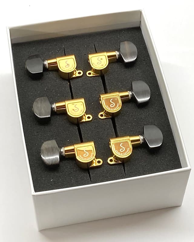 Schaller Gold w/Large Ebony Button 3x3 M6-180 Sealed Guitar Tuners  TK-7973-0E2