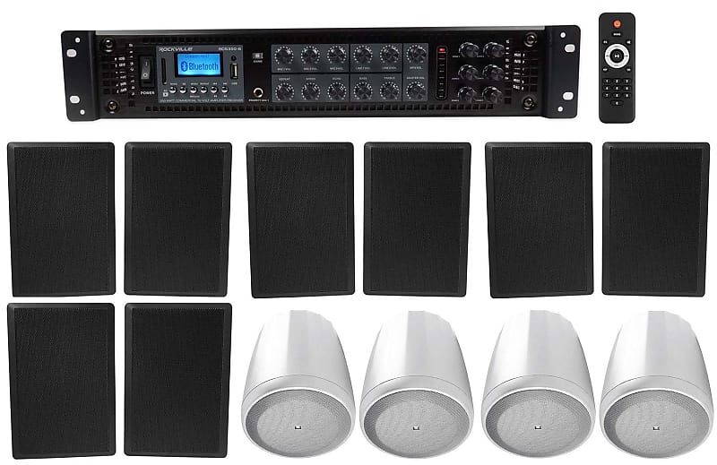 6-Zone Amp+4 JBL White Pendant+8 Slim Black Wall Speakers 4 Restaurant/Bar/Cafe  			