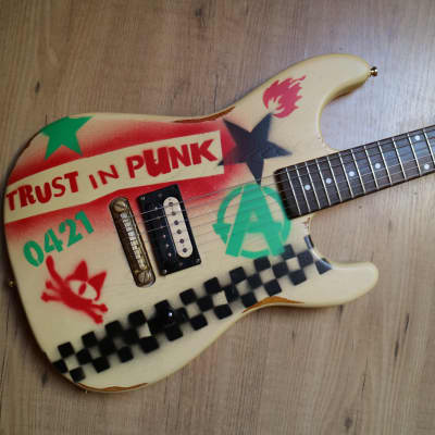Custom painted Slick Guitars SL54 Skullcat QNSTANG trust in punk Stencil Graffiti Guitar image 1