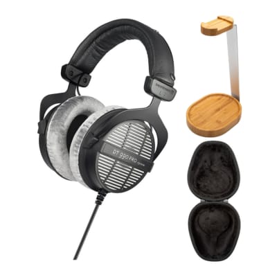 Beyerdynamic DT-990 Pro Acoustically Open Headphones (250 Ohms) with Knox Gear Hard Shell Headphone Case and Wooden Headphone Stand Bundle