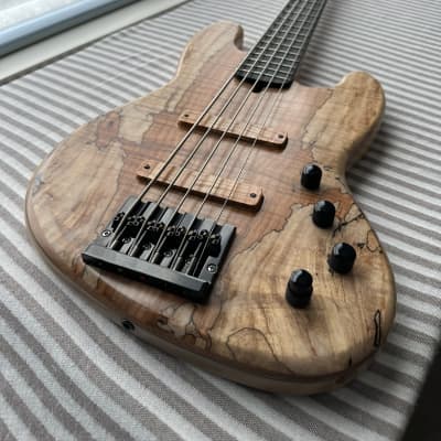 MG Bass MGBASS JB1 SPALTED MAPLE 5-string bass, Made in USA, SPALTED MAPLE top, ASH body, 3-piece MAPLE neck, EBONY fretboard, BARTOLINI pickups and preamp, Italia Leather Straps 4” wide Acorn Amber strap, GATOR hardshell case image 3