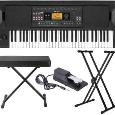 Korg EK-50 Entertainer Keyboard with MR DJ Adjustable X Style Keyboard Bench, Adjustable Keyboard Stand, and Pedal Bundle (4 Items)