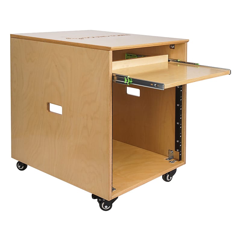 Sound Town 10U Plywood Studio Rack Desk with Slide-Out Tray, Rubber Feet, Casters, for Recording, Podcasts, Broadcasts, Streaming, Golden Oak (sdrk