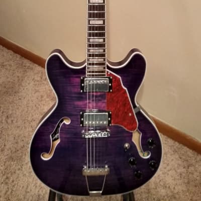 Grote Purple Flame Top Maple semi hollow body guitar with padded gig bag image 1