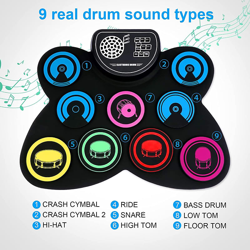 Upgraded Electric Drum Set, 9 Drum Practice Pad, Roll-Up Electronic Drum  Pad Machine With Headphone Jack Built-In Speaker Drum Sticks Foot Pedals, 