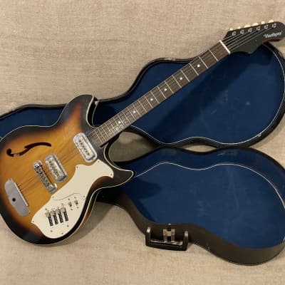 Original Vintage 60’s-70’s Harmony Rebel Acoustic Electric Guitar Case / Case Only Black Faux Ostrich w Blue Interior image 3