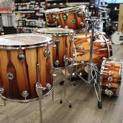 DW Collector's Series Exotic Standard Maple 6-Piece Shell Pack 8/10/12/14/16/22 (Natural To Burnt Toast Fade over African Chen Chen w/ Nickel Hardware) image 9
