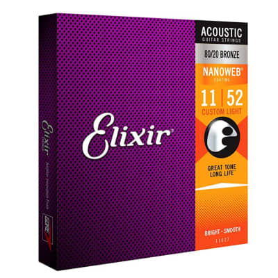 Elixir Nanoweb 80/20 Bronze Acoustic Guitar Strings 11-52 Custom Light 11027 for sale