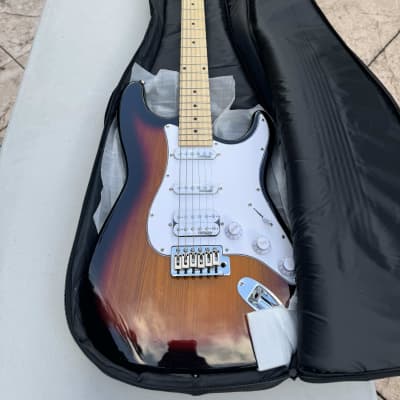 New Sunburst Ash Body Indio Cali DLX Plus HSS Electric Guitar with Gig Bag - Wilkinson Bridge/Pickups, White Pickguard, Maple Fingerboard image 1