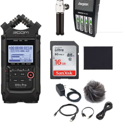 Zoom H4n Pro All Black Finish Handy Recorder,APH-4N Accessory pack,16 GB SD card,Rechargeable Batteries,Mic Stand and Microfiber Cloth image 1