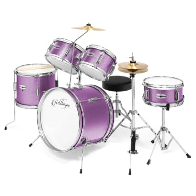 5-Piece Complete Junior Drum Set With Genuine Brass Cymbals - Advanced Beginner Kit With 16" Bass, Adjustable Throne, Cymbals, Hi-Hats, Pedals & Drumsticks - Purple image 1