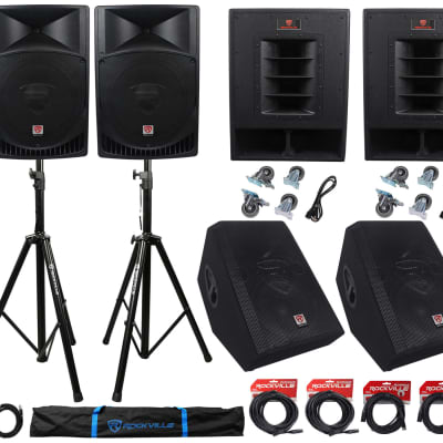 Rockville PA System w/ 15" Speakers+15" Subwoofers+12" Monitors and Stands and Cables image 1