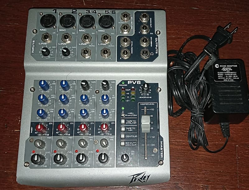 Peavey PV6 Compact Table Top 6 Channel Mixing Board Mixer Reverb