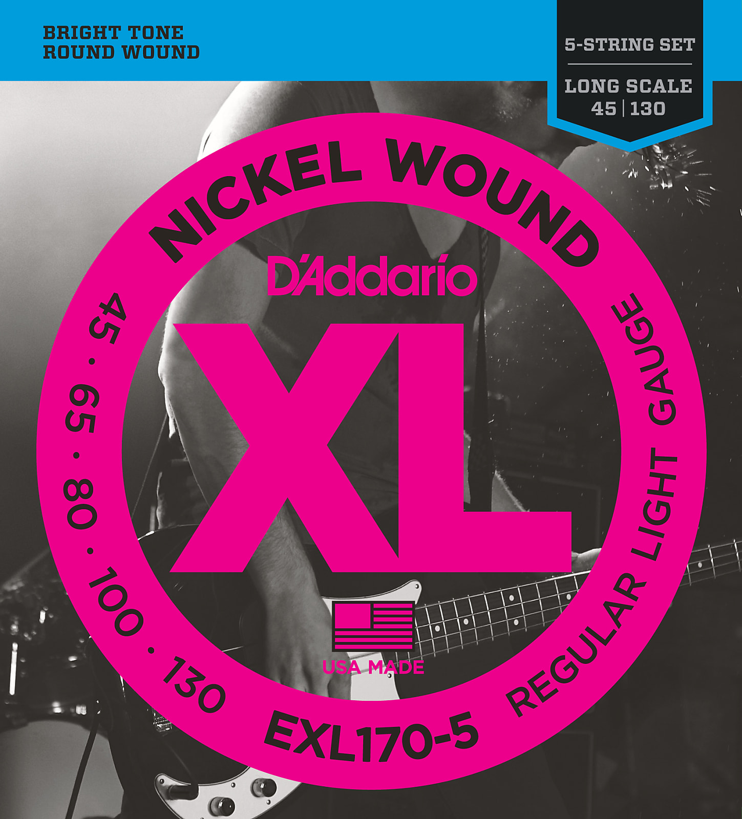 D'Addario EXL170-5 5-String Nickel Wound Bass Guitar Strings, Light, 45-130, Lo