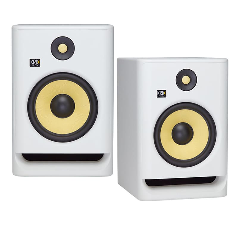 KRK RP5 Rokit 5 G4 Professional Bi-Amp 5 Powered Studio Monitor Noise  White (2-pack) Bundle with Medium Speaker Monitor Acoustic Isolation Stands  and 0.5 x 6 Touch Fastener Straps 
