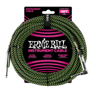 Ernie Ball 18' Braided Straight / Angle Instrument Cable - Black / Green 6082 for sale