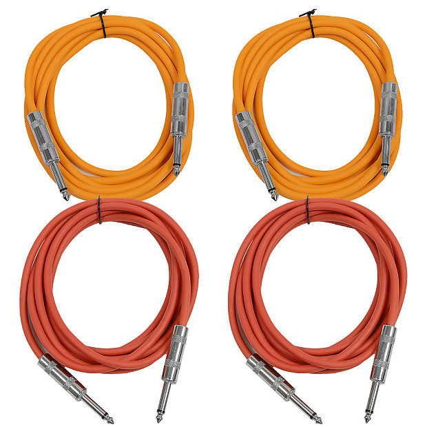4 Pack of 10 Foot 1/4" TS Patch Cables 10' Extension Cords Jumper - Orange & Red image 1