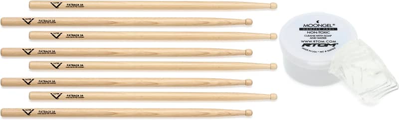 Vater Hickory Drumsticks 4-pack - Fatback 3A - Wood Tip  Bundle with RTOM Moongel Drum Damper Pads - Clear (6-pack) image 1