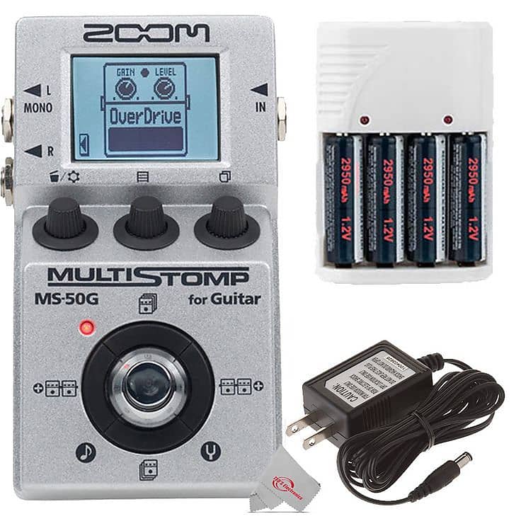 ZOOM MS-50G MultiStomp Guitar Pedal + Zoom AD-16A/D AC Adapter For Zoom  Effects Pedals + Rechargeable Battery and Charger