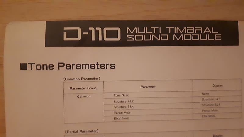Roland D-110  Multi Timbral Sound Module Tone Parameters & PCM Sounds Table image 1