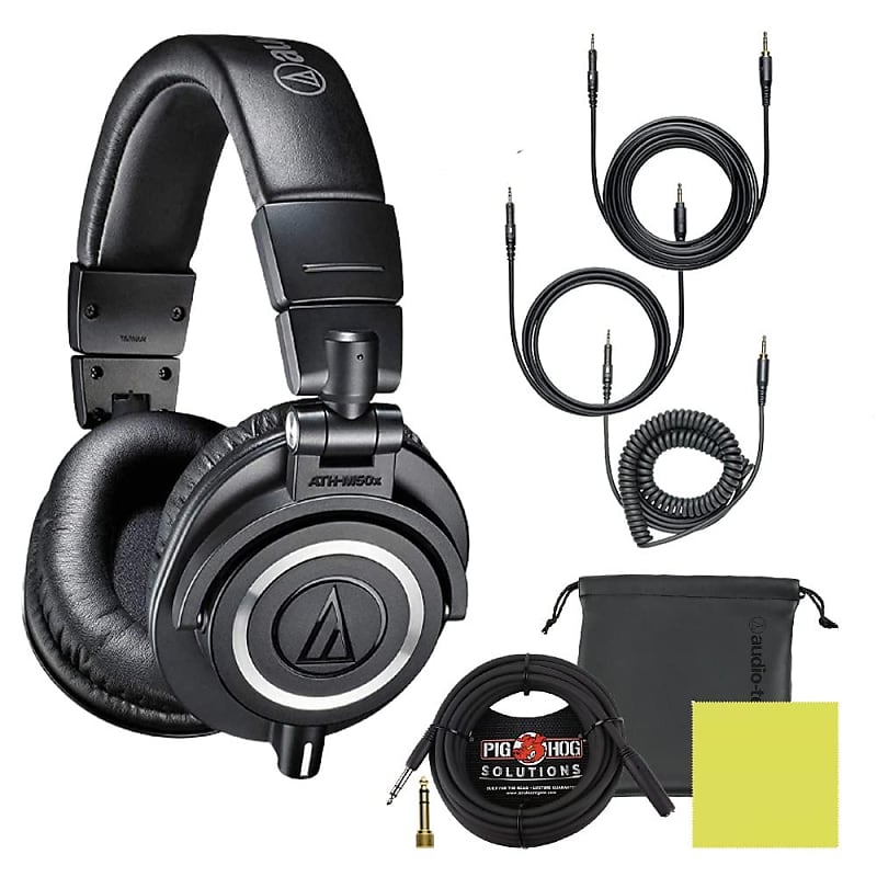 Mint Audio Technica ATH-M50X Professional Studio Monitor Headphones Black, Bundle with Pig hog 10ft Extension Cable & Liquid Polishing Cloth with Detachable Cables image 1