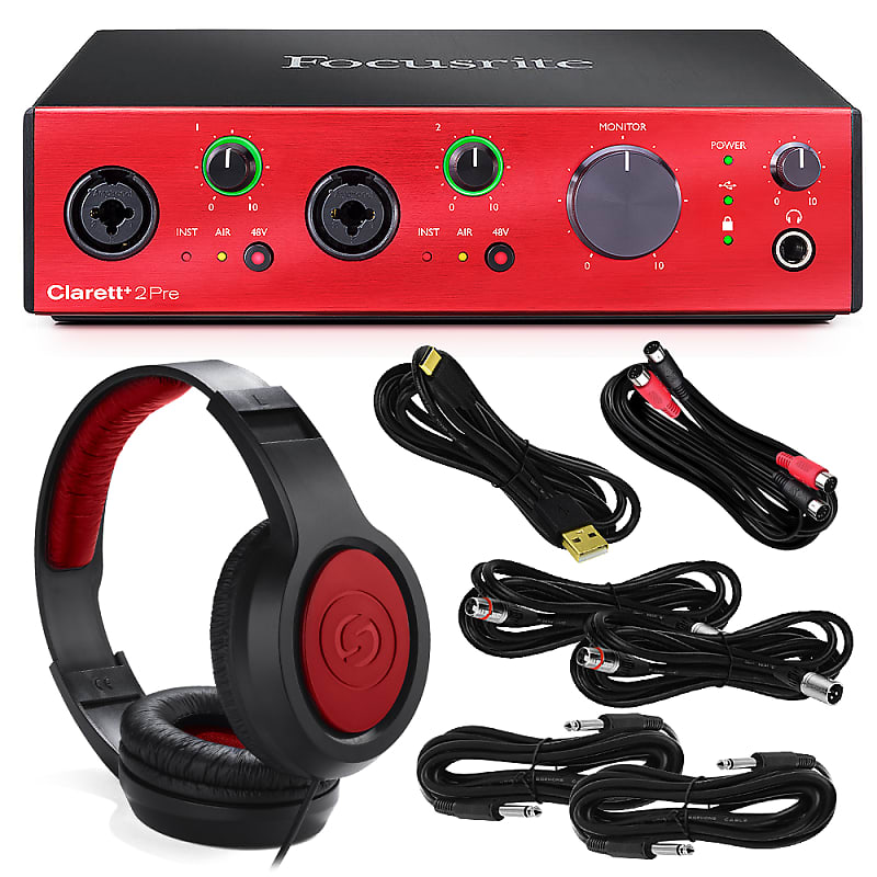 Focusrite Clarett+ 2Pre Audio Interface with 10-in/ 4-out includes USB Type-C Audio MIDI Interface comes as part of a Basic Accessories Bundle with a Dynamic Headphones and more image 1