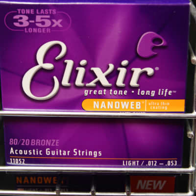 Elixir 11052 Nanoweb 80 20 Bronze Acoustic Guitar Strings Light