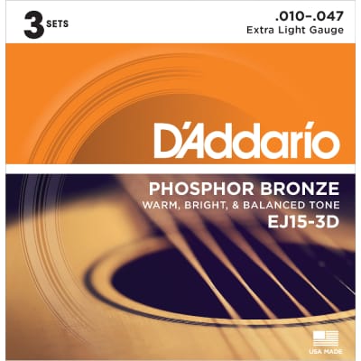 3 Pack D'Addario EJ15-3D Phosphor Bronze Extra Light Guitar Strings 10-47 3PK image 1